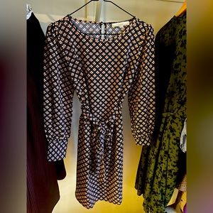 Blue dress with pink flowers and wrap around sash